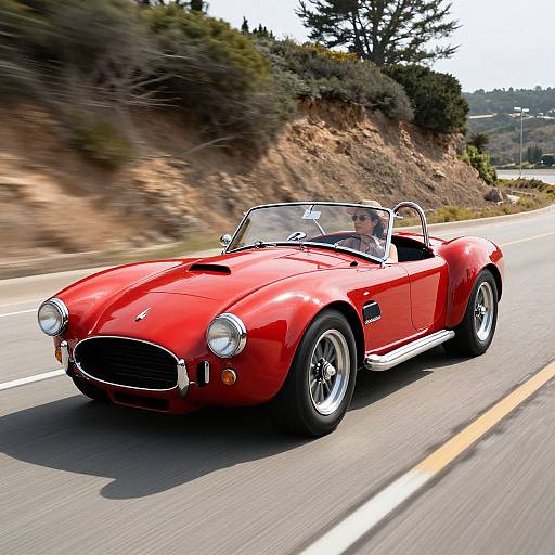 Photograph of a bright red, vintage, convertible sports car racing down a winding road with blurred background, surrounded by hills.