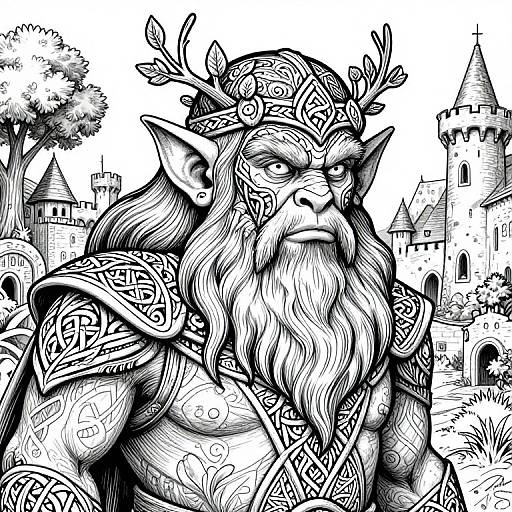 Black-and-white ink drawing of a muscular, bearded, horned elf warrior with intricate armor, standing in a medieval castle background.