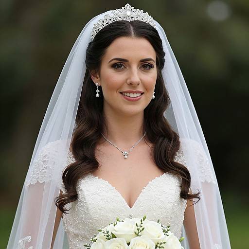 Photograph of a smiling bride with long dark hair, wearing a white lace veil, floral lace wedding dress, and pearl earrings, holding a bouquet of