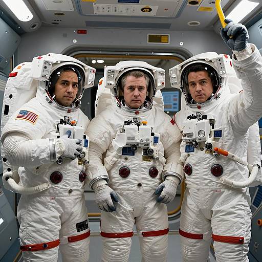 Astronaut Trio in Spacecraft with Intense Expressions