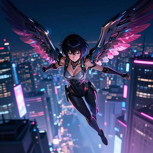 Digital anime-style illustration of a dark-haired, winged woman with glowing pink wings, wearing a revealing black outfit, flying over a neon-lit city
