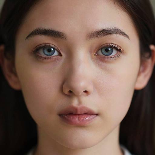 Close-up photograph of a young woman with fair skin, striking blue eyes, dark brown hair, and subtle makeup, looking directly at the camera. Her
