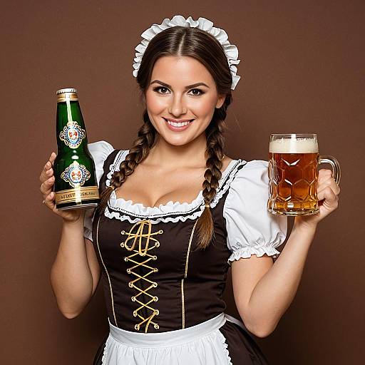 Bavarian Woman in Dirndl Holding Beer