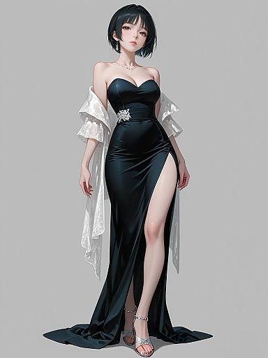 Digital anime-style illustration of a pale-skinned woman with short black hair, wearing a strapless black gown with a high slit, white off-should