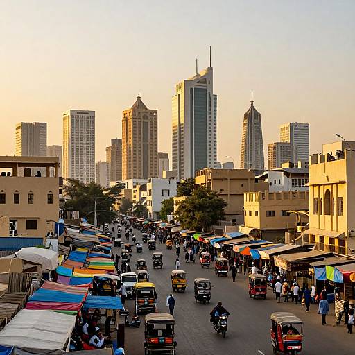 Photograph of a bustling urban street at sunset, filled with colorful auto-rickshaws, pedestrians, and market stalls, with modern skyscrapers