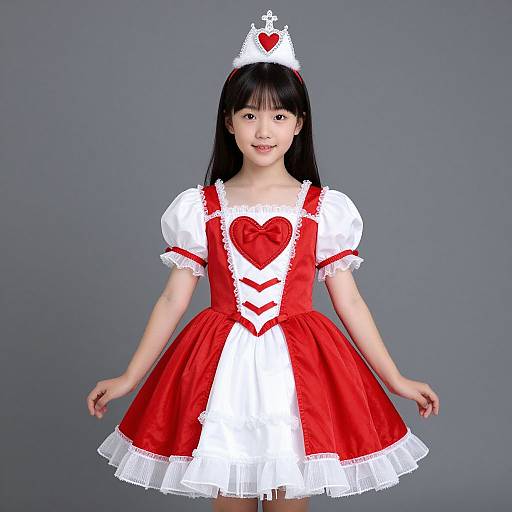 Photograph of an Asian girl in a white and red nurse costume with a heart-shaped chest piece, white puffed sleeves, and a matching hat,