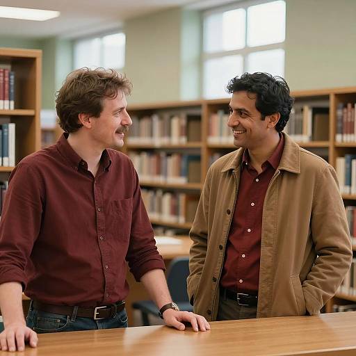 Two Men Talking in Library