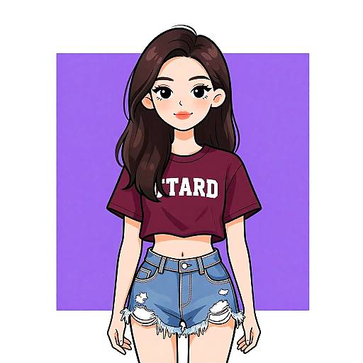 Digital drawing of a cute, fair-skinned woman with long brown hair, wearing a maroon 