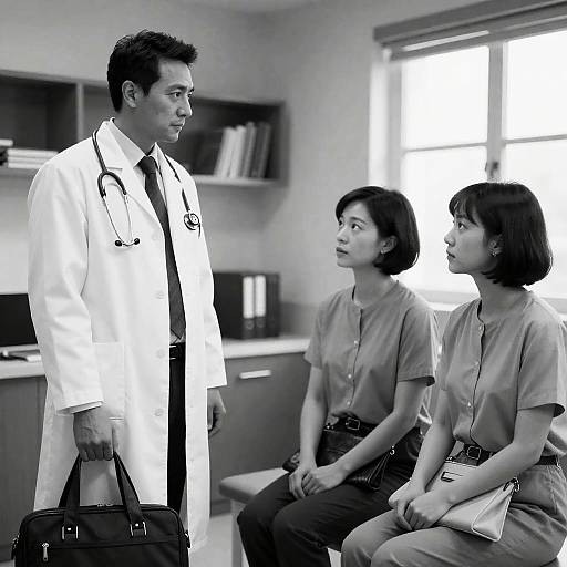 Intense Doctor and Two Women in Room