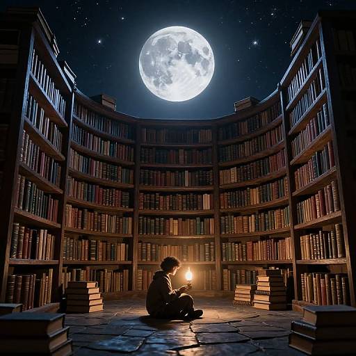 A silhouetted figure sits amidst a circular library, illuminated by a full moon and booklit, surrounded by towering shelves.