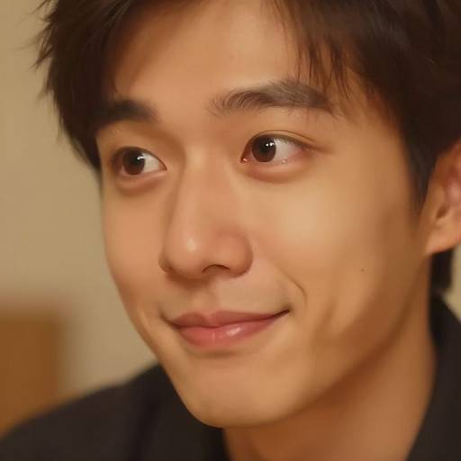 Photograph of a young East Asian man with short, dark brown hair, light skin, and a slight smile, wearing a black shirt, against a