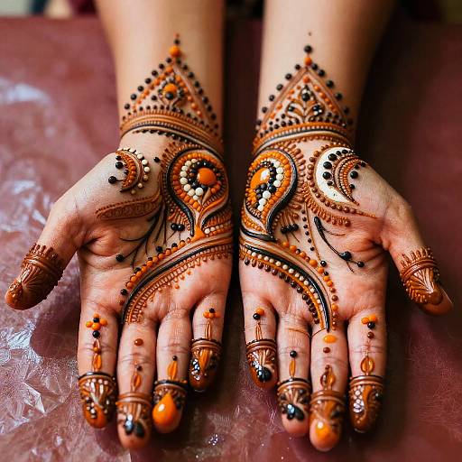 Colorful Henna Hands on Reflective Surface