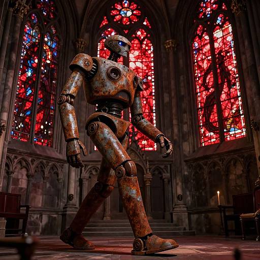 Photograph of a rusty, humanoid robot walking in a Gothic cathedral with vibrant red and blue stained glass windows.