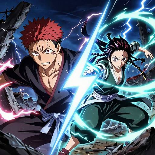 Dynamic anime-style illustration of two martial artists, one with red spiky hair and black gi, the other with black hair in braids and green gi
