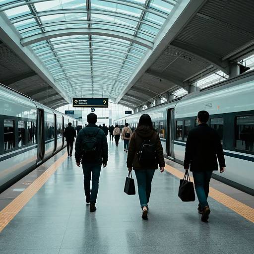 Photograph of a modern, brightly-lit train station with a glass roof, showing three people walking away, carrying bags, with trains on both sides