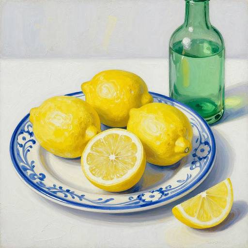 Photograph of bright yellow lemons on a blue-patterned white plate, with a halved lemon, green glass bottle, and lemon wedge on a