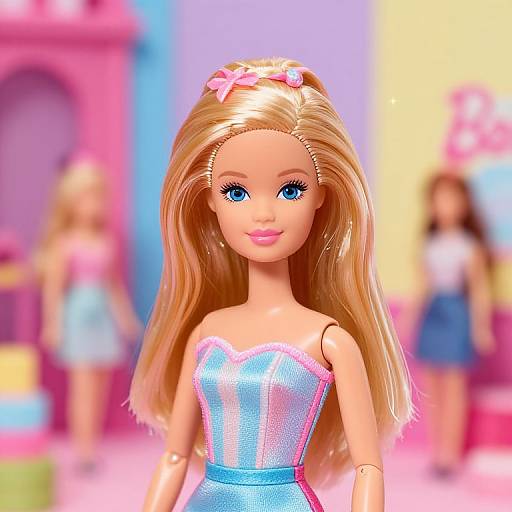 Photorealistic CGI of a blonde doll with blue eyes, wearing a sparkly blue strapless dress, pink headband, and pink lipstick, in