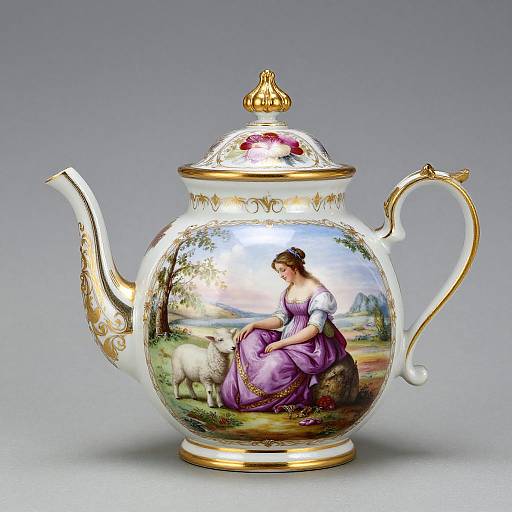 Ornate porcelain teapot with gold accents, featuring a painted scene of a woman in a purple dress sitting by a white sheep.