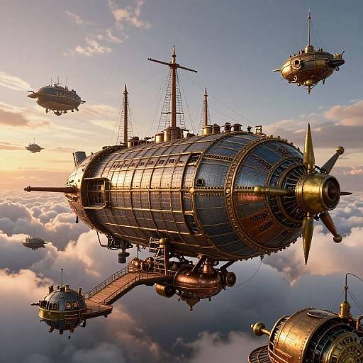 Steampunk airship fleet soaring above fluffy clouds at sunset, featuring large cylindrical airships with propellers, intricate metalwork, and smaller flying vessels