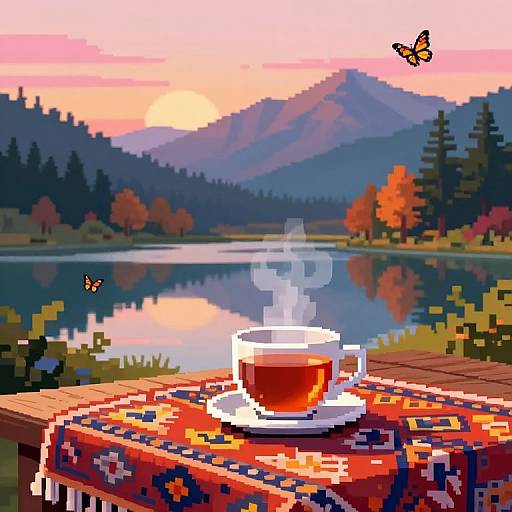 Pixel art of a steaming tea cup on a colorful rug by a serene lake at sunset, with mountains and butterflies.