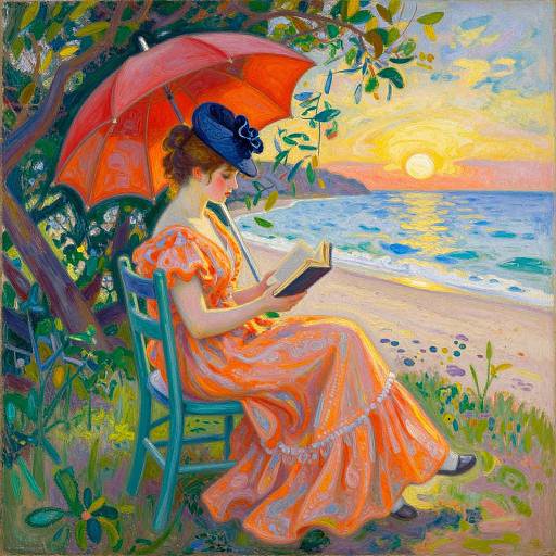 Artistic painting of a woman in an orange dress and black hat, reading under a red umbrella at a sunset beach.