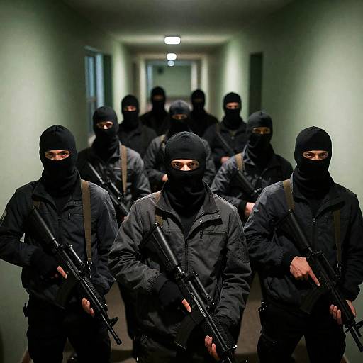 Mysterious Armed Men in Dim Hallway