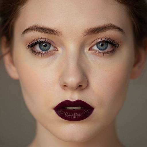 Close-up photograph of a fair-skinned woman with striking blue eyes, dark burgundy lipstick, and subtle makeup, featuring well-defined eyebrows against a neutral