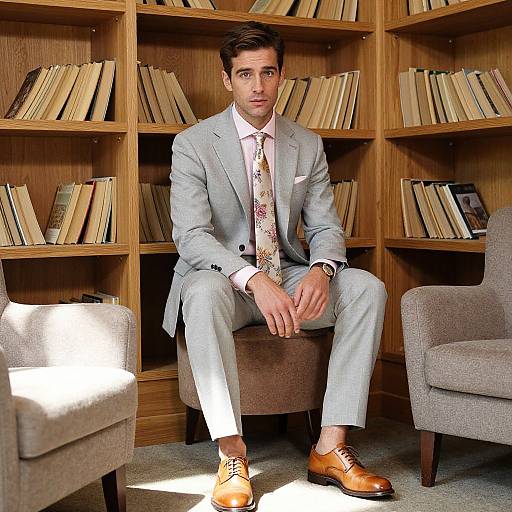 Photograph of a handsome young man with short brown hair, wearing a light gray suit, floral tie, and brown shoes, sitting on a brown chair