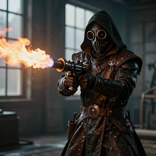 Photorealistic digital art: hooded figure in gas mask, leather armor, firing gun with bright orange flame in dimly lit, industrial room.