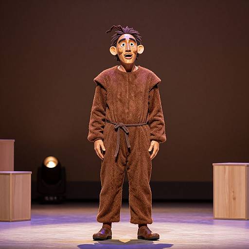 Photograph of a man in a brown, textured, medieval-style outfit with exaggerated features, standing on stage with dim lighting and wooden blocks in the background