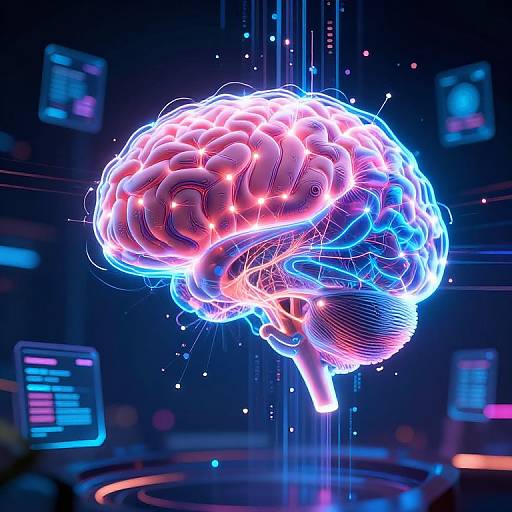 Neon-lit, glowing digital brain in a futuristic, dark blue and purple cyberpunk setting with holographic screens and floating data points.