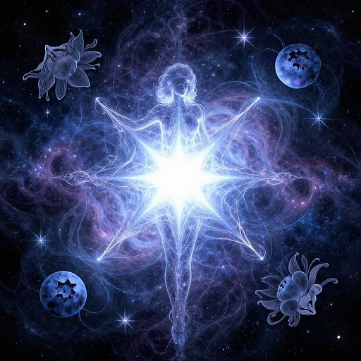 Digital artwork of a glowing, ethereal, blue figure with starburst aura, surrounded by fish, planets, and stars in a cosmic background.
