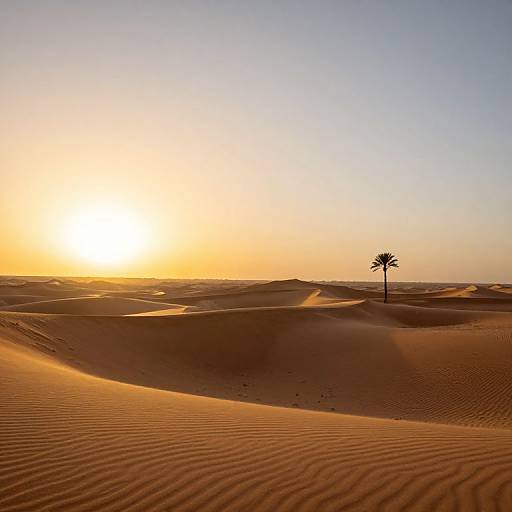 Photograph of a golden desert sunset with rippled sand dunes, a single palm tree on the right, and a bright, setting sun in the