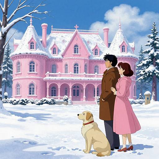 Anime-style drawing of a couple in winter clothes, standing beside a golden retriever in front of a pink, snow-covered mansion.