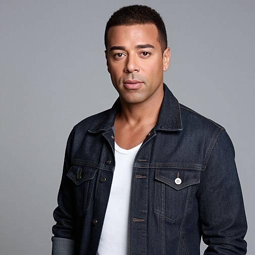 Photograph of a young Black man with short curly hair, wearing a black denim jacket over a white t-shirt, against a plain gray background. He