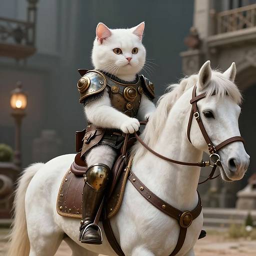 Digital artwork of a white cat in medieval armor riding a white horse, set in a blurred, historic European street.