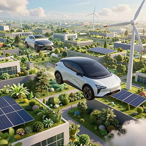 CGI image of two sleek, white, solar-powered electric cars flying over a futuristic, green, solar-paneled cityscape with wind turbines.