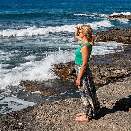 Photograph of a blonde woman in a green tank top and patterned leggings, standing on rocky shore, gazing at ocean waves. Bright sunlight,