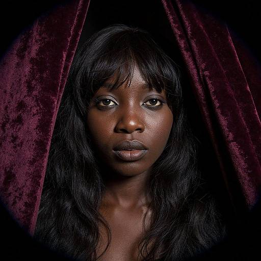 Photograph of a serious, dark-skinned Black woman with long black hair, looking forward, set against a deep red velvet curtain.