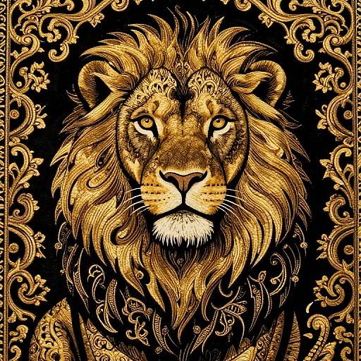 Majestic Lion in Black Gold Carpet Pattern