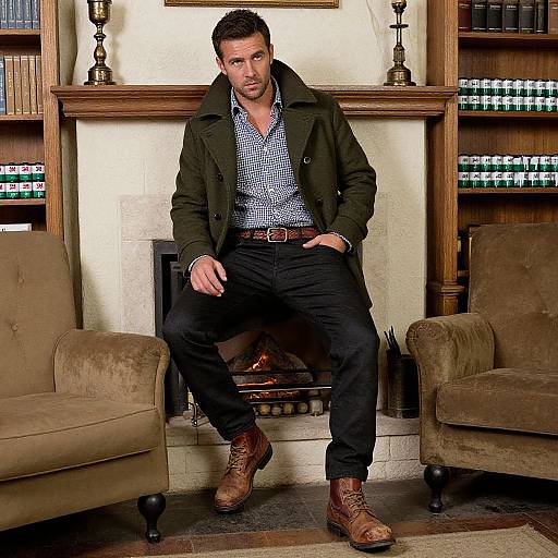 Photograph of a handsome man with short dark hair, wearing a green coat, blue checkered shirt, black pants, and brown boots, seated on