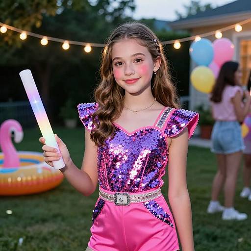 Photograph of a young girl with long brown hair, wearing a sequined pink and purple dress, holding a white popsicle, at a backyard party