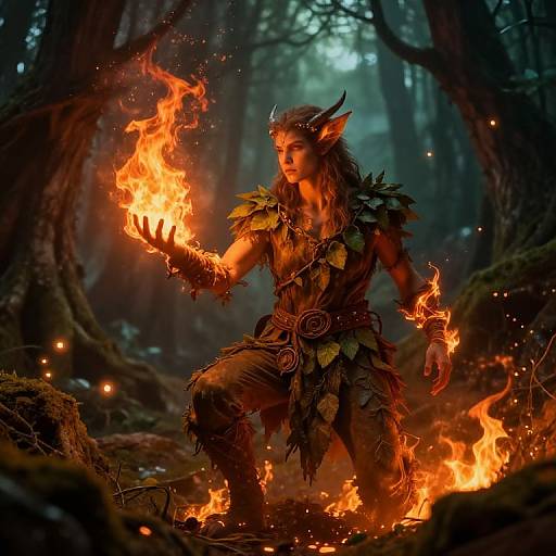 Digital fantasy artwork: Fire-wielding, horned humanoid with leafy, tattered attire, kneeling in dark forest, surrounded by flames, ethereal