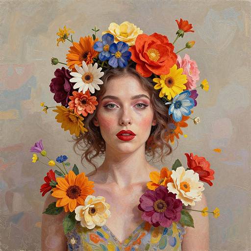 Digital painting of a fair-skinned woman with red lipstick, curly brown hair, wearing a vibrant flower crown and dress, against a muted background.