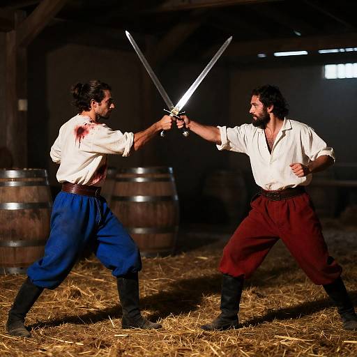 Dramatic Sword Fight in Barn Setting