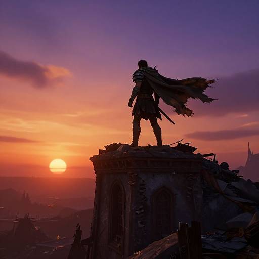 Silhouetted warrior with flowing cape stands on ruined rooftop at sunset, vibrant orange and purple sky, cityscape below. Fantasy digital art.