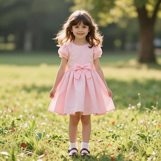 Photograph of a young Asian girl with wavy brown hair, wearing a light pink dress with puffed sleeves, white socks, and black sandals,