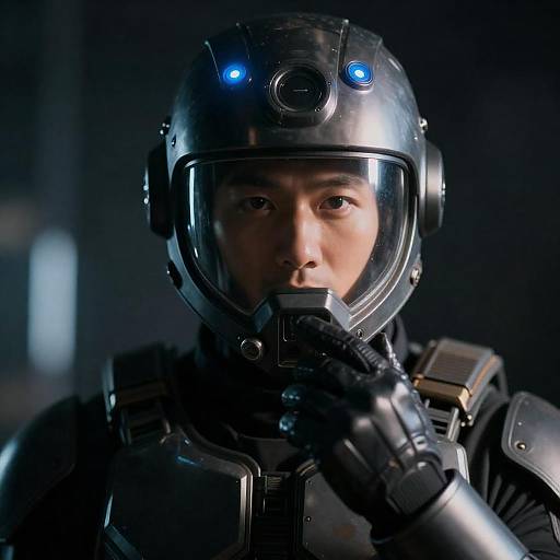 Close-Up Futuristic Helmeted Man With Lights