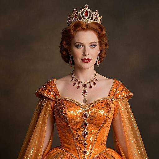 Photograph of a fair-skinned woman with red hair, wearing an orange, sparkly, off-shoulder gown, jeweled necklace, earrings