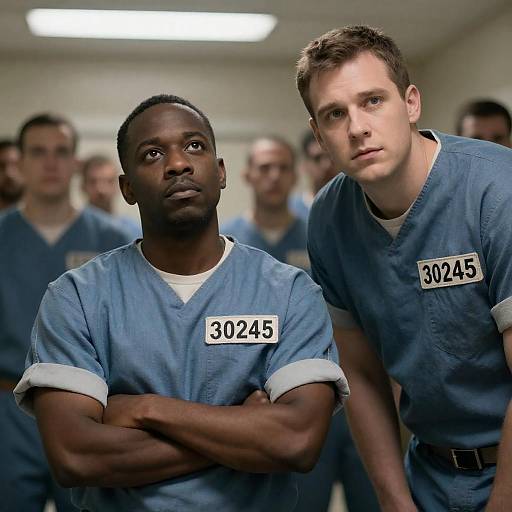 Two Men in Prison Uniforms in Dimly Lit Room